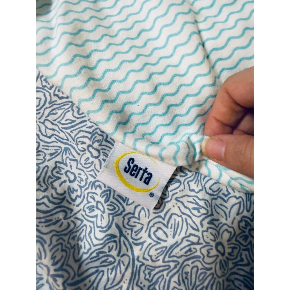 NWOT Serta 100% Cotton Swaddle Blue White Wave Embroidered Sheep Size Large